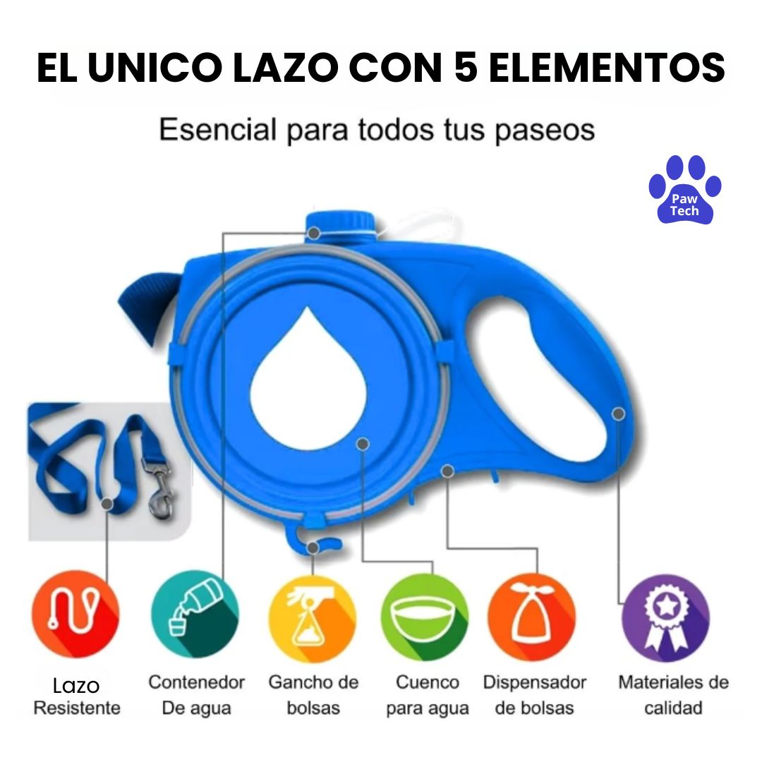 PawTech |Lazo Multifuncional 5 en 1 Lleva todo lo que tu peludo necesita en una sola mano