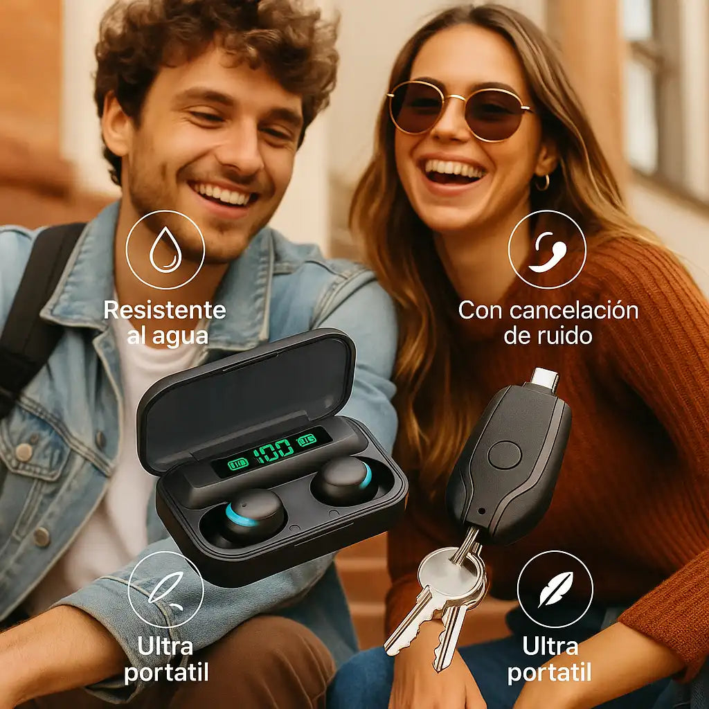 PowerCombo® | Audífonos + Mini Powerbank – Carga y sonido sin límites donde estés