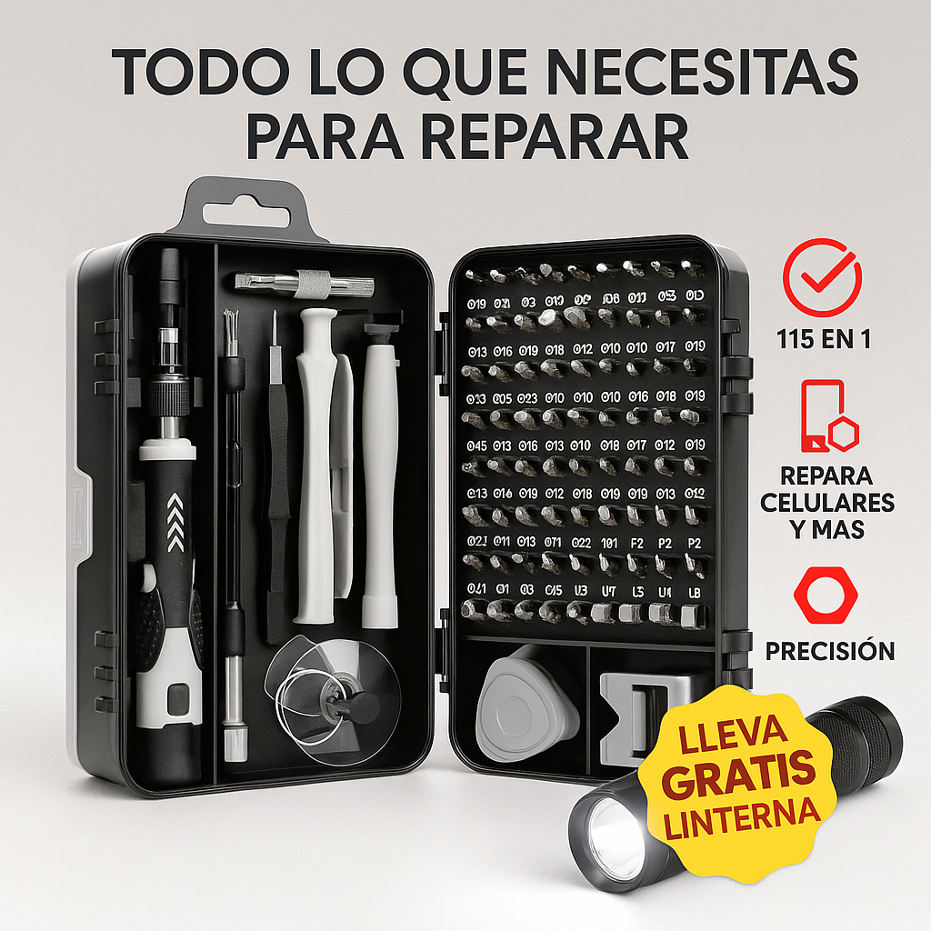 Kit Destornilladores Electrónica 115 en 1 + Linterna LED de Regalo