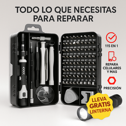 Kit Destornilladores Electrónica 115 en 1 + Linterna LED de Regalo