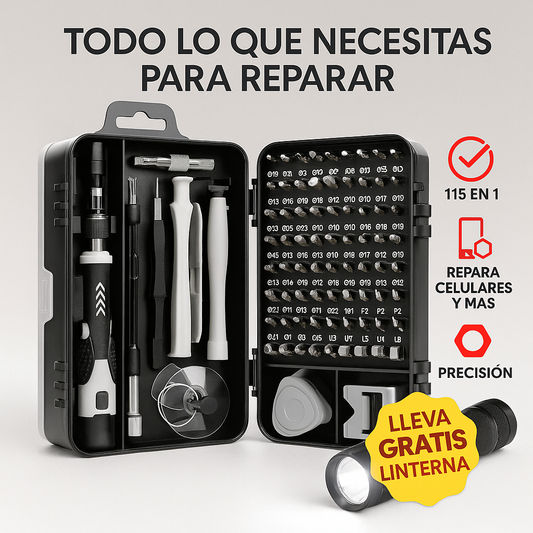 Kit Destornilladores Electrónica 115 en 1 + Linterna LED de Regalo