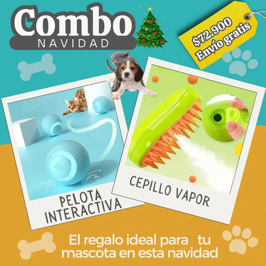 Combo navideño para mascotas: pelota interactiva + cepillo de vapor